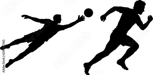 Soccer football player silhouettes with goalkeeper diving to save the ball and forward running in competitive match vector