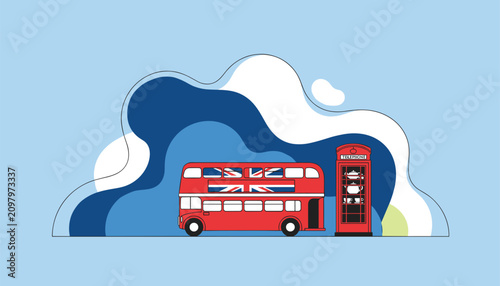London travel landmarks illustration with queen guard and taxi