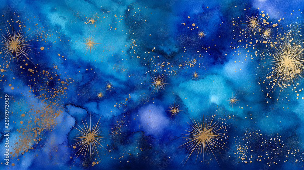 Fototapeta premium 青い星空と水彩の幻想的な背景 夜空を描いたファンタジーアートテクスチャ