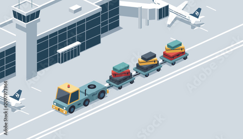 Airport baggage tractor towing luggage carts on runway