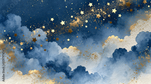 青い雲と金色の星が輝く幻想的な夜空背景 水彩風ファンタジーアート