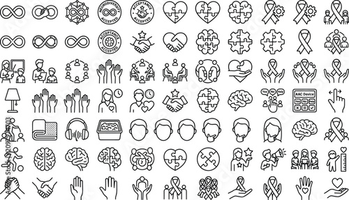 Neurodiversity and Autism Awareness Line Icon Set with Infinity Symbol, Puzzle Brain, Support Ribbons, AAC Device, and Inclusion Concepts for Web Graphic Designs