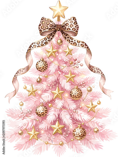 Pink Christmas tree illustration with leopard print bow and gold star ornaments for holiday seasonal greeting cards