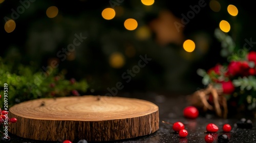 Rustic wooden podium on dark table with festive Christmas bokeh background
