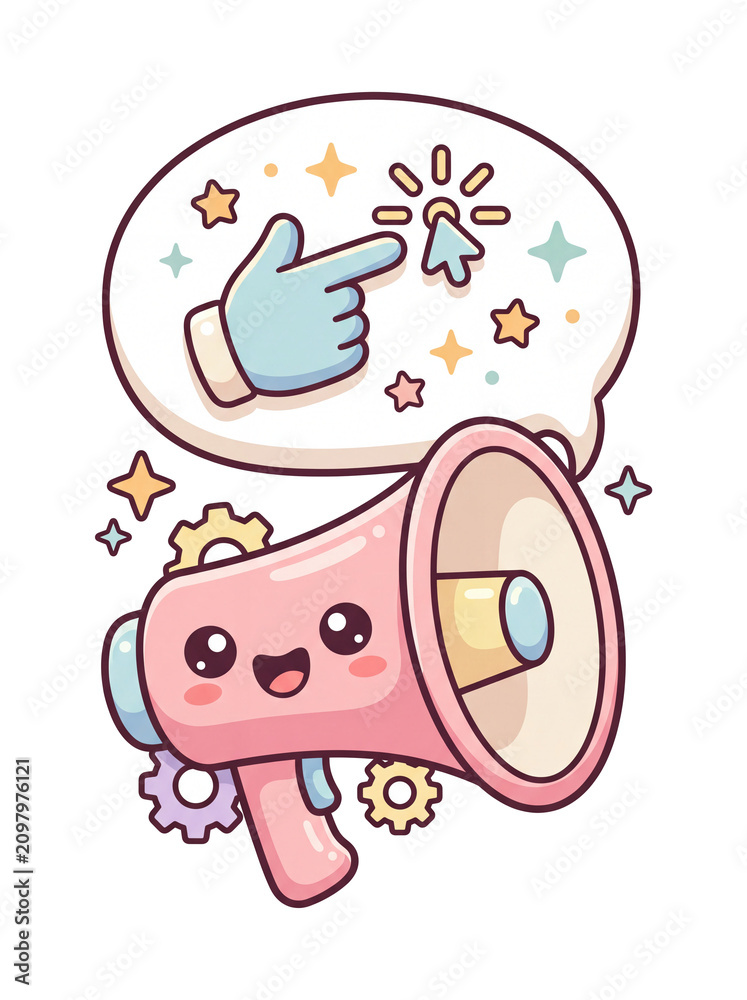 Obraz premium Kawaii Megaphone with Clicking Cursor: A cute and cheerful pink megaphone illustration, featuring a happy face, surrounded by gears and sparkling stars. A speech bubble shows a hand pointing a cursor.