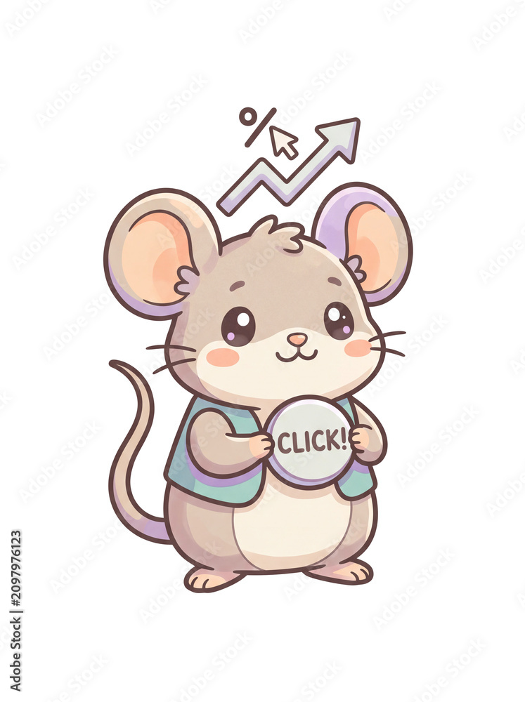 Obraz premium Cute Mouse Character Holding a Click Button with Growth Graph