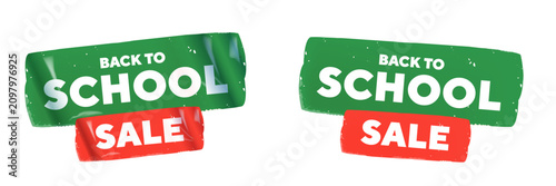 Back to school sale stickers set isolated on transparent background. Vector red and green adhesive Back to school banners with bold typography lettering and crumpled texture for education promo design