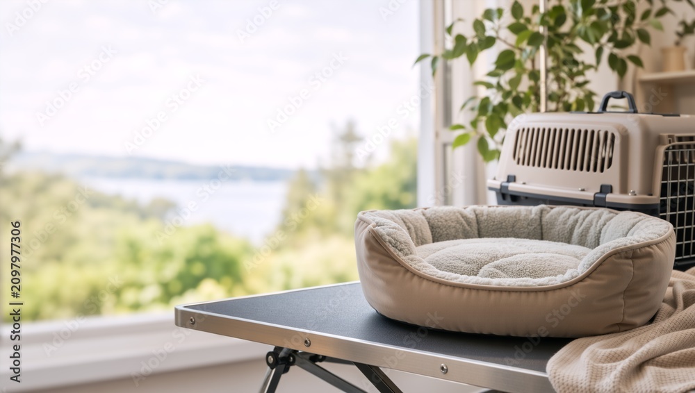 Fototapeta premium Cozy plush pet bed and plastic carrier on a table. Preparation for traveling with dog or cat. Bright room with window view of nature. Copy space for text