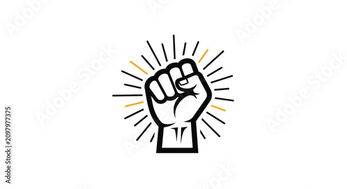 Raised clenched fist with black and gold radiating lines symbolizing power protest freedom unity and strength.