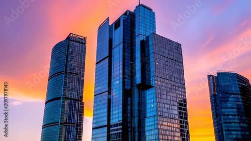 Modern skyscrapers sunset cityscape