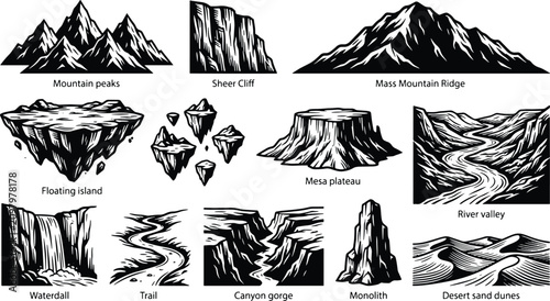 Tableau sur toile Set of landscape geological features and mountain terrain elements with landscap