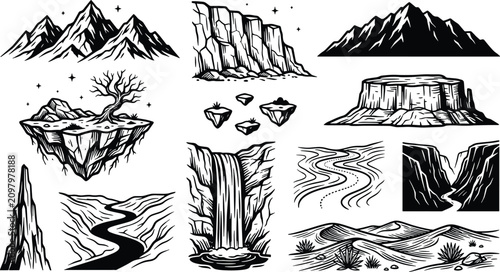 Photos Collection of hand drawn landscape elements and geological features with landsca