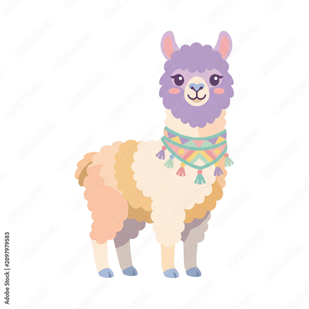 Fototapeta premium Cute Llama Illustration: A charming llama with a fluffy pastel mane and a colorful patterned scarf stands with a gentle expression, rendered in a vibrant, cartoonish style.