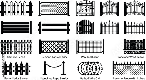 Canvas Print Black and white set of fence and gate design icons with security protection silh