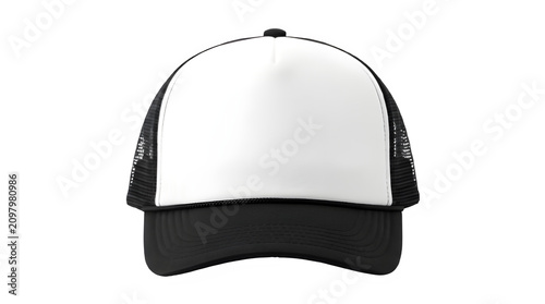 Blank white trucker hat with black brim and mesh back isolated on transparent background