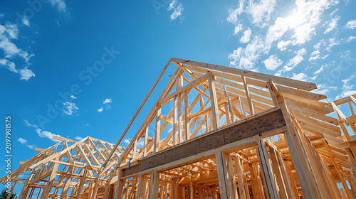 New build wood truss construction of house roof frame - Timber framework stage of a new residential home attic construction using trusses for roof structure. Construction site set against a blue sky