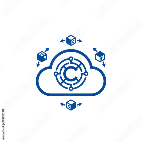 A blue cloud icon with digital data cubes and network lines