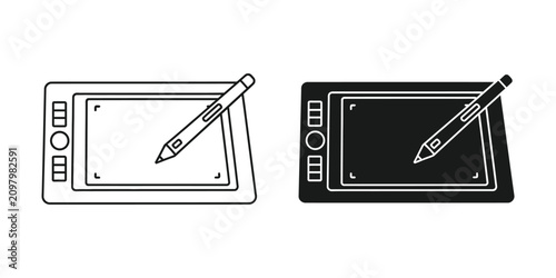 Tablet with stylus pen in outline and solid styles for digital artists and designers