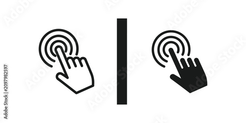 Touch screen interaction with clicking finger and ripple waves in outline and solid black styles for web
