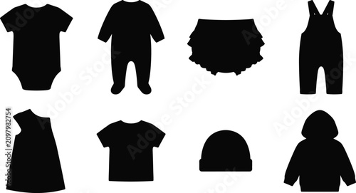 Bild auf Leinwand Collection of baby clothing flat icons featuring black silhouettes of bodysuit r
