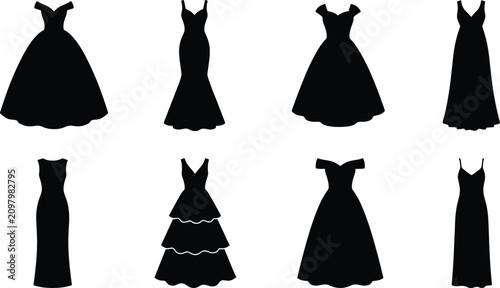 Bild auf Leinwand Collection of elegant dresses flat icons featuring black silhouettes of evening