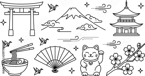 Bild auf Leinwand Japan travel cultural tradition icon set line art featuring mount fuji torii gat