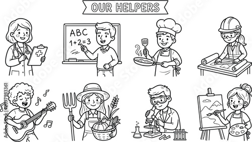 Foto Community Helpers and Diverse Careers Line Art Vector Set