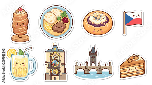 Cute Czech Food Sticker Pack – Trdelník, Dumplings and Czech Icons Kawaii Flat Illustration Set