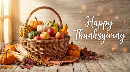 Autumn harvest wicker basket overflowing with pumpkins gourds corn and apples on rustic wooden table background with text space for thanksgiving greeting card design with wooden surface surrounded
