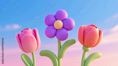 Colorful tulips in 3d cartoon style