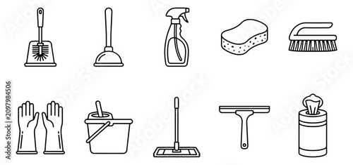 Minimalist cleaning icons set, 10 black and white line art housekeeping symbols, sanitary equipment vector illustrations for janitorial services