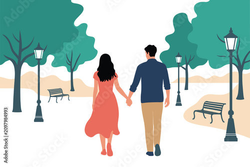 Couple Holding Hands Walking in Park Vector Illustration