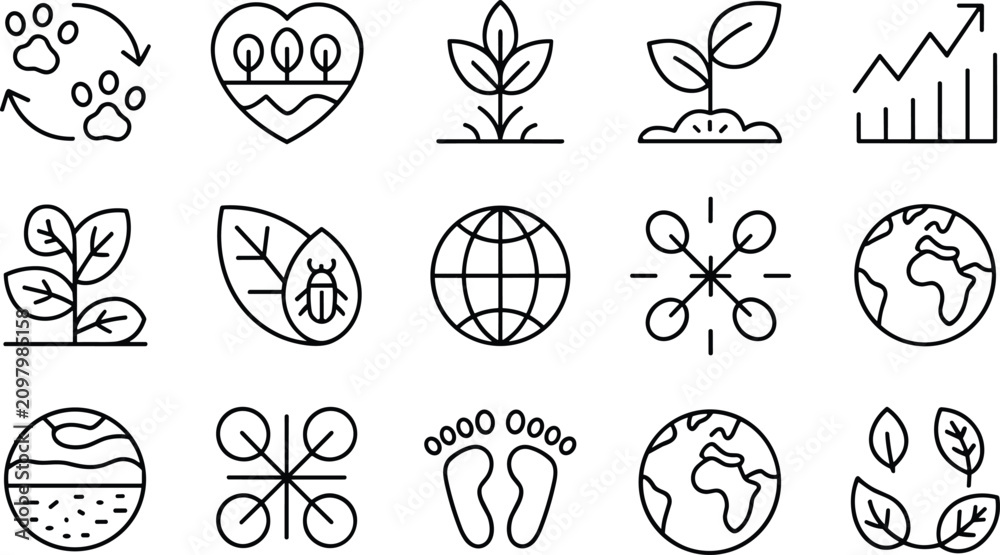Obraz premium Minimalist black outline ecology and smart agriculture icons collection set isolated on white background for green business presentation environmental technology and nature vector illustrations