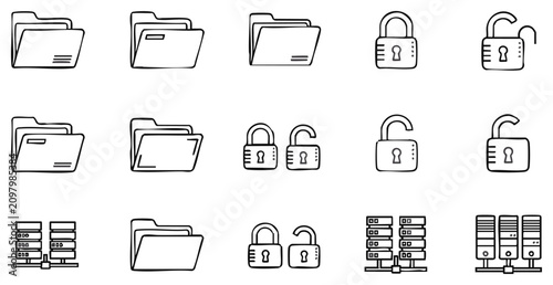 Flat minimalist digital security icons arranged in a clean grid layout with file storage, password protection, and cloud backup concepts for UI design, app development, and cybersecurity infographics