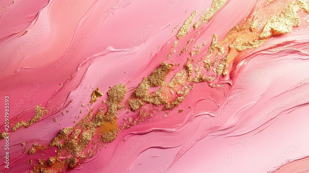 Fototapeta premium Pink marble texture with gold leaf. Abstract luxury background with flowing liquid paint and glitter.