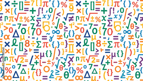 Foto Colorful seamless pattern of mathematical symbols, numbers, and equations on a white background, representing education, science, and abstract concepts