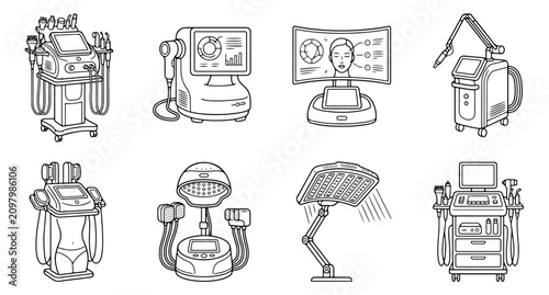 Cosmetic dermatology equipment icons, professional medical spa laser and skin care devices, set of 8 aesthetic clinic technology vectors