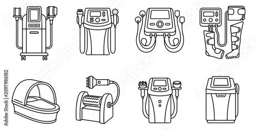 Professional aesthetic clinic equipment icons, set of 8 medical spa body contouring and facial treatment machines, thin line vector illustrations