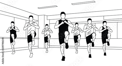 Group of men in a gymnasium workout class perform high knee exercises in unison to improve their cardio and leg strength.
