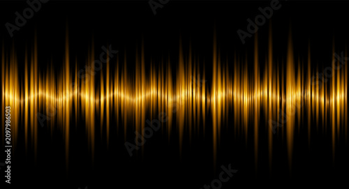 Glowing golden audio waveform with digital sound visualization, equalizer bars and abstract music spectrum on a black background.