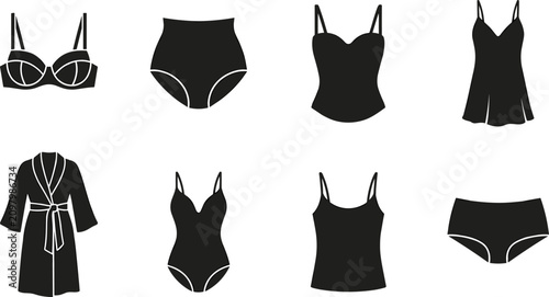 Obraz na płótnie Collection of women lingerie flat icons featuring black silhouettes of underwear