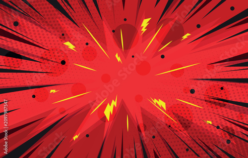 Dynamic Red Comic Book Background with Yellow Lightning Bolts and Exploding Halftone Circles