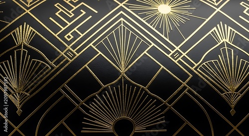 Art deco-inspired geometric fan pattern with symmetrical gold lines and dark background creating a luxurious visual effect.
