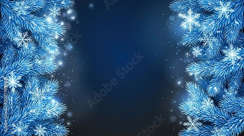 Festive winter background featuring glowing blue pine branches adorned with intricate snowflakes and sparkling bokeh lights against a dark gradient backdrop with displays glowing new year decorative