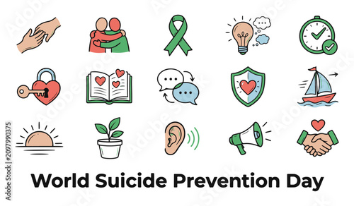 World Suicide Prevention Day themed illustration with mental health awareness and support icons