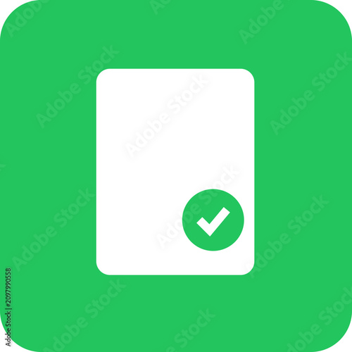 Digital document approved with green checkmark confirmation. Online verification success icon for business and workflow completion.