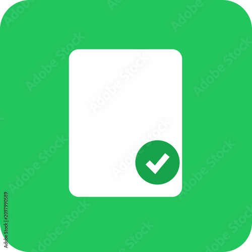 Green approval checkmark on blank document. Digital confirmation icon for successful submission and validation process.