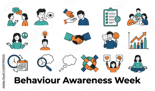 Set of 'Behaviour Awareness Week' Illustrations. Collection of icons depicting communication, empathy, collaboration, and personal growth.