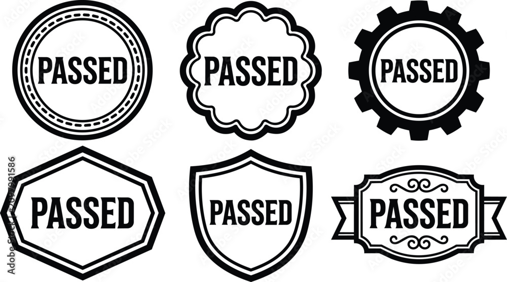 Obraz premium Black and white passed badge seals in various geometric shapes vector art