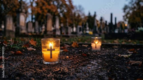 Grave memorial candles with cross symbol burning on wet soil in a cemetery during twilight with fallen autumn leaves and blurred tombstones in background with captures solemn atmosphere cemetery dusk